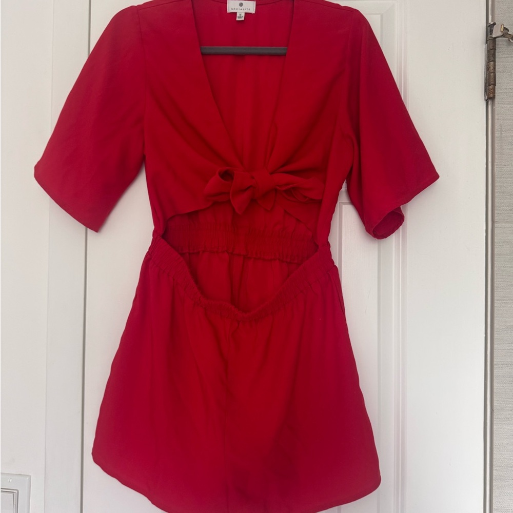 Red Short Sleeve Romper with front tie